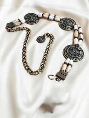 Vintage Antiqued Goldtone Medallion & Beaded Chain Concho Belt 40"